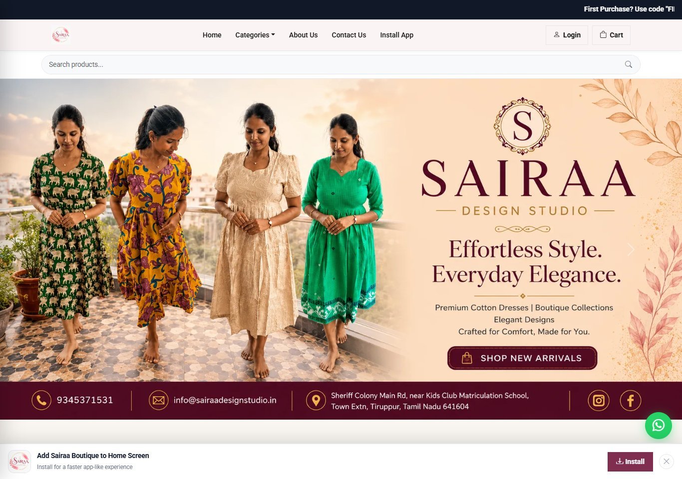 Sairaa Design Studio ecommerce homepage